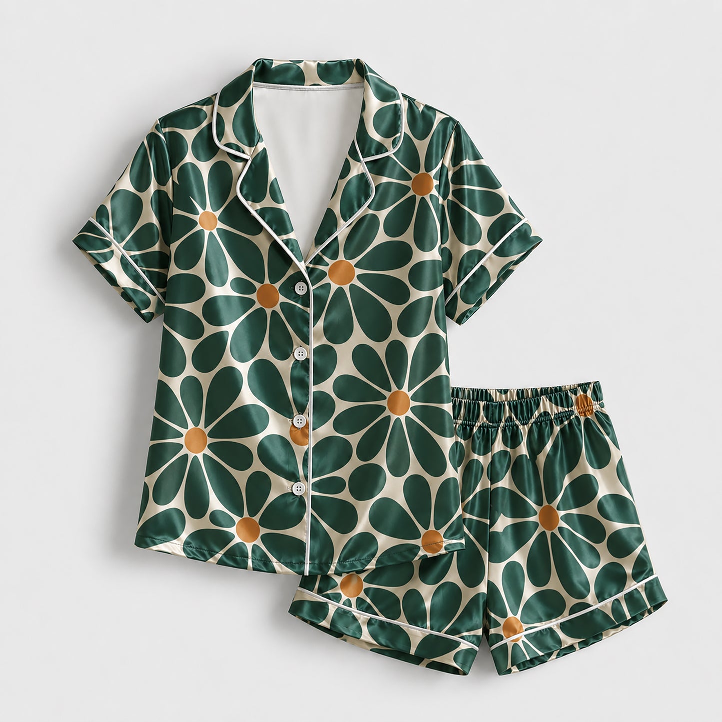 PJ-222-Emerald Daisy Satin Pajama Set With Button Up Top And Soft Matching Sleepwear Bottoms FREE SHIPING