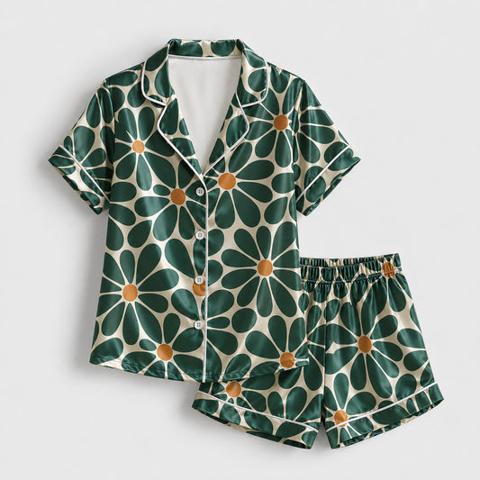 PJ-222-Emerald Daisy Satin Pajama Set With Button Up Top And Soft Matching Sleepwear Bottoms FREE SHIPING