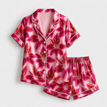 PJ-223-Lily Pure Mulberry Silk Pajama Set, Pink Floral Blossom Print Botanical Loungewear Sleepwear Collection FREE SHIPING