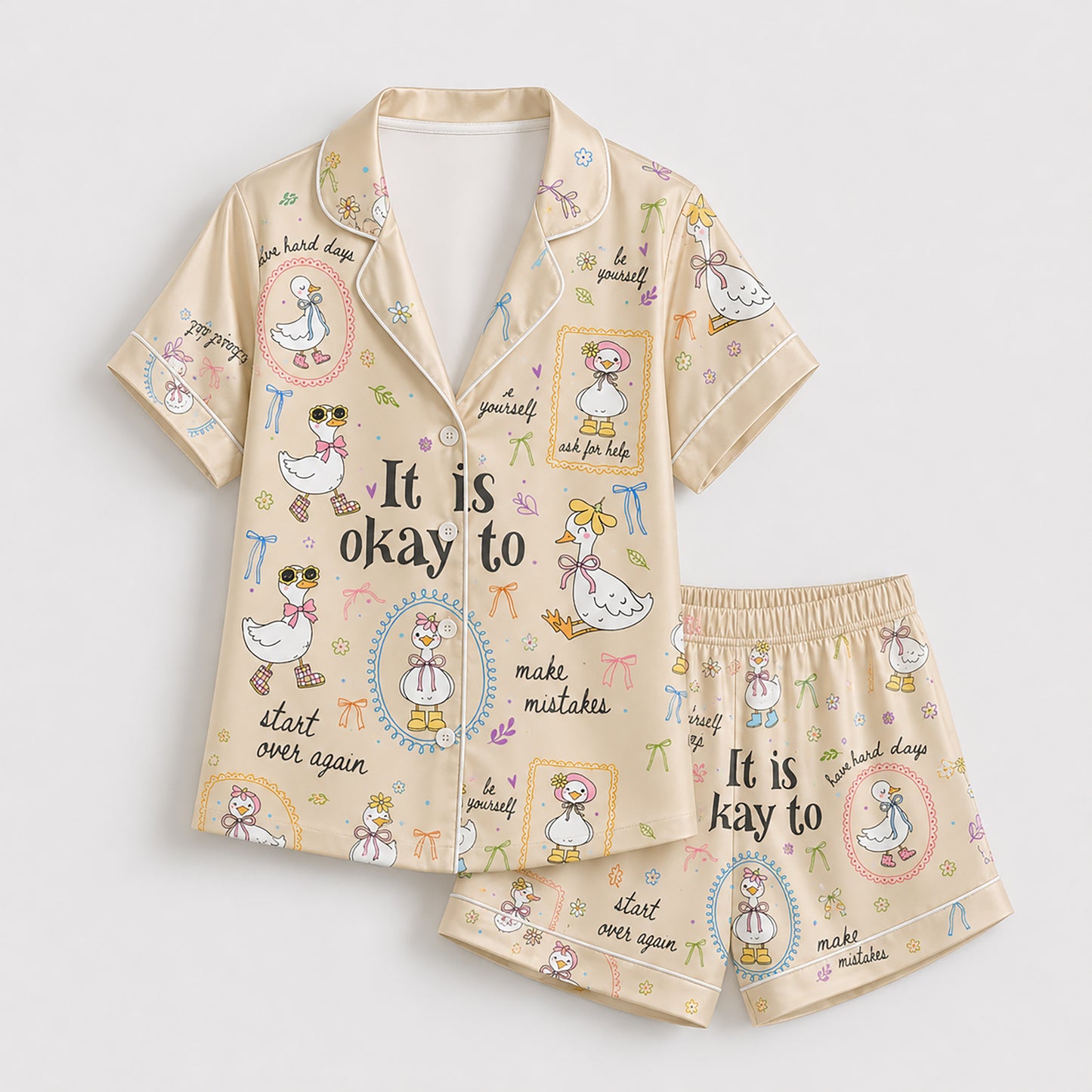 PJ-224-Motivational Goose Satin Pajama Set With Button Up Shirt And Elastic Waist Matching Bottoms FREE SHIPING