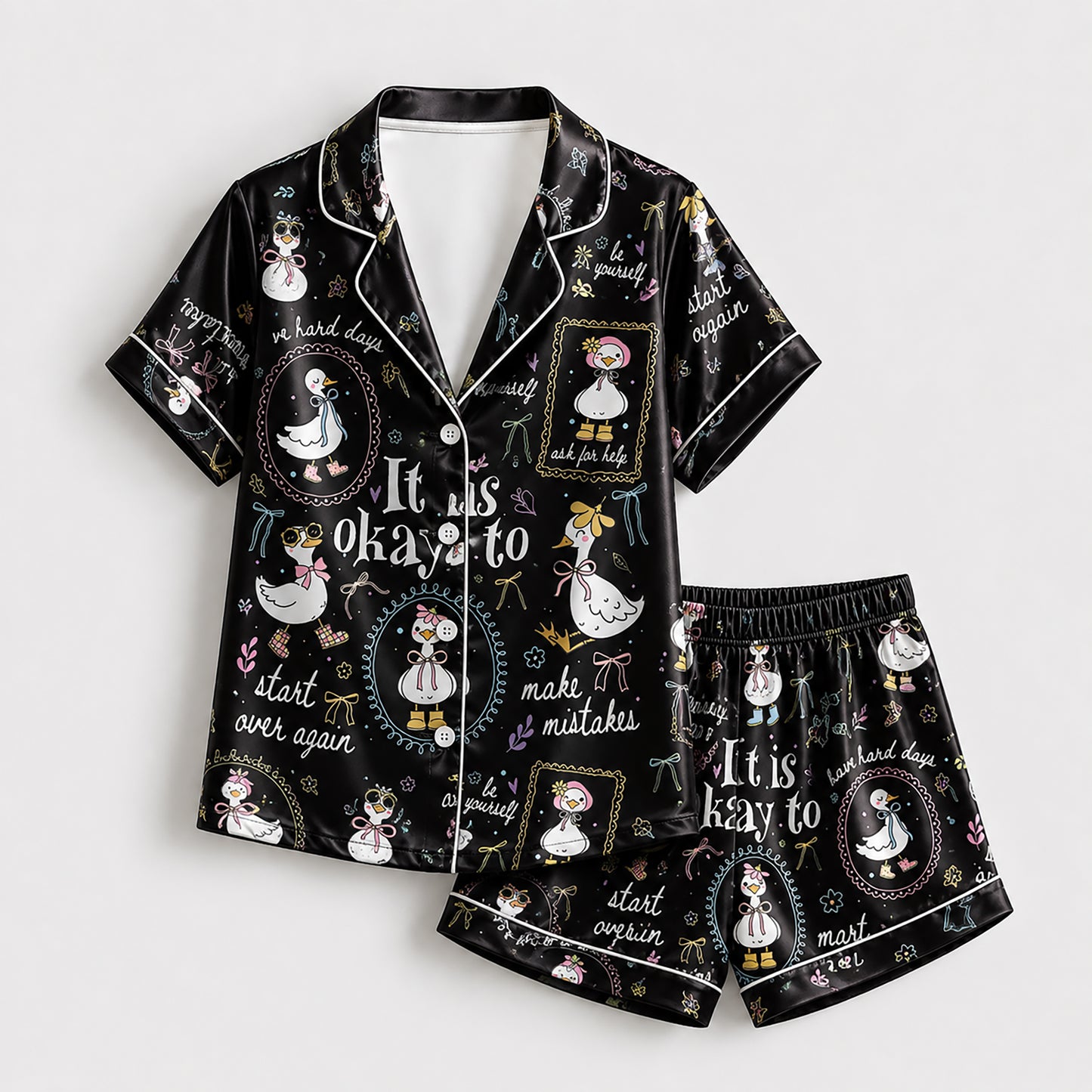 PJ-224-Motivational Goose Satin Pajama Set With Button Up Shirt And Elastic Waist Matching Bottoms FREE SHIPING