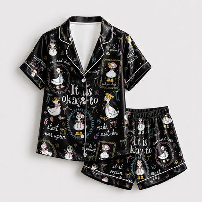PJ-224-Motivational Goose Satin Pajama Set With Button Up Shirt And Elastic Waist Matching Bottoms FREE SHIPING