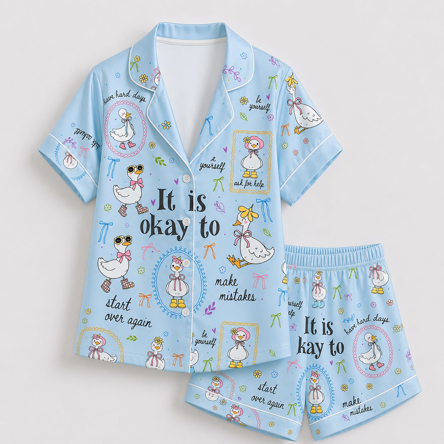 PJ-224-Motivational Goose Satin Pajama Set With Button Up Shirt And Elastic Waist Matching Bottoms FREE SHIPING