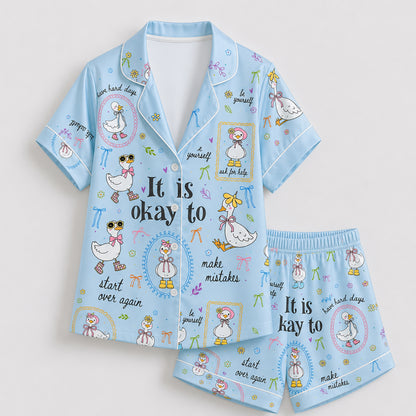 PJ-224-Motivational Goose Satin Pajama Set With Button Up Shirt And Elastic Waist Matching Bottoms FREE SHIPING
