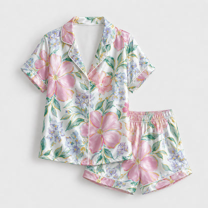 PJ-225-Rose Blossom Satin Pajama Set, Graphic Lilac Bouquet Patterned White Unisex Loungewear Nightwear Apparel FREE SHIPING
