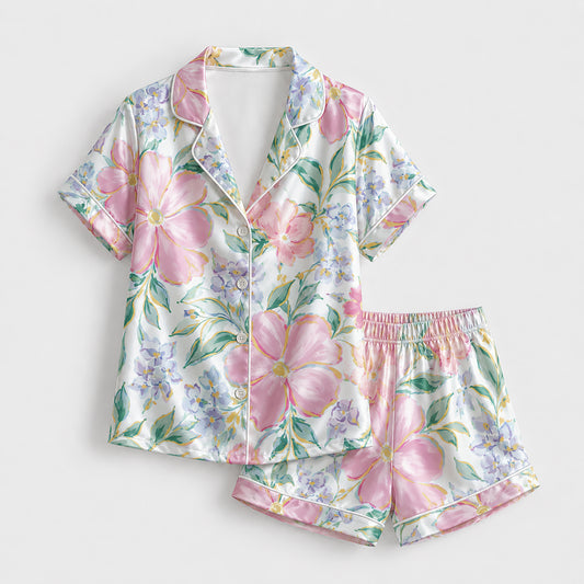 PJ-225-Rose Blossom Satin Pajama Set, Graphic Lilac Bouquet Patterned White Unisex Loungewear Nightwear Apparel FREE SHIPING