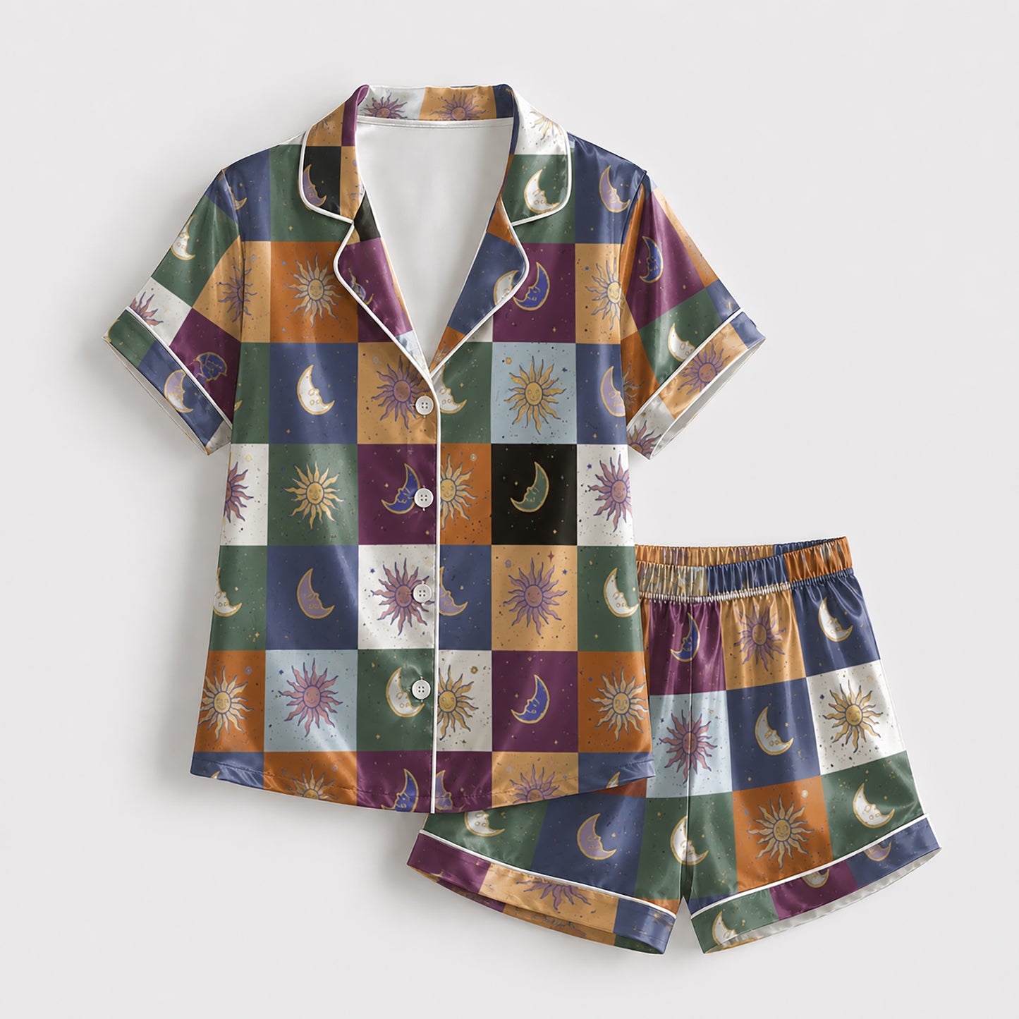 PJ-226-Unisex Satin Pajama Set with Celestial Sun Moon Patchwork Print Button Down Sleepwear Shirt and Pants FREE SHIPING