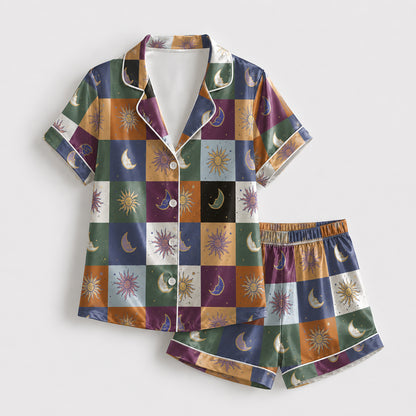 PJ-226-Unisex Satin Pajama Set with Celestial Sun Moon Patchwork Print Button Down Sleepwear Shirt and Pants FREE SHIPING