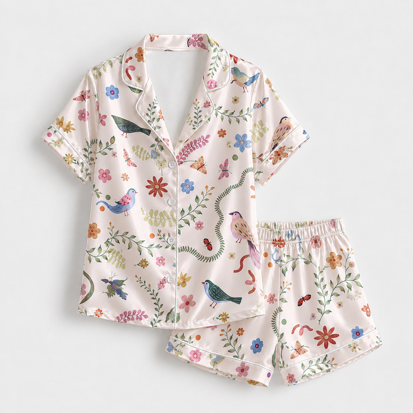 PJ-228-Floral Garden Satin Pajama Set With Colorful Bird Print And Comfortable Matching Bottoms FREE SHIPING