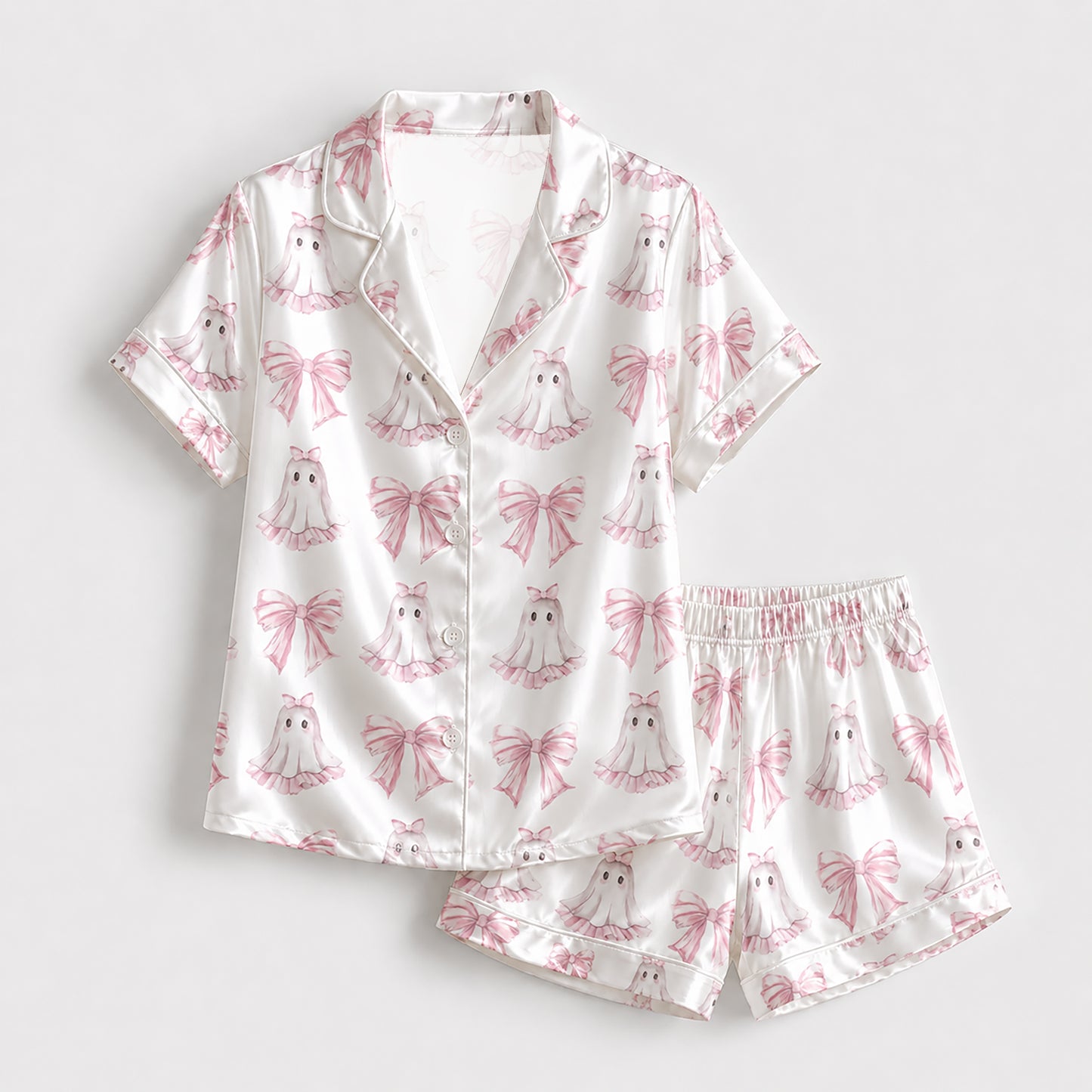 PJ-230-Pink Ghost Coquette Bow Satin Pajama Set, White Graphic Halloween Loungewear Sleepwear Collection Nightwear FREE SHIPING