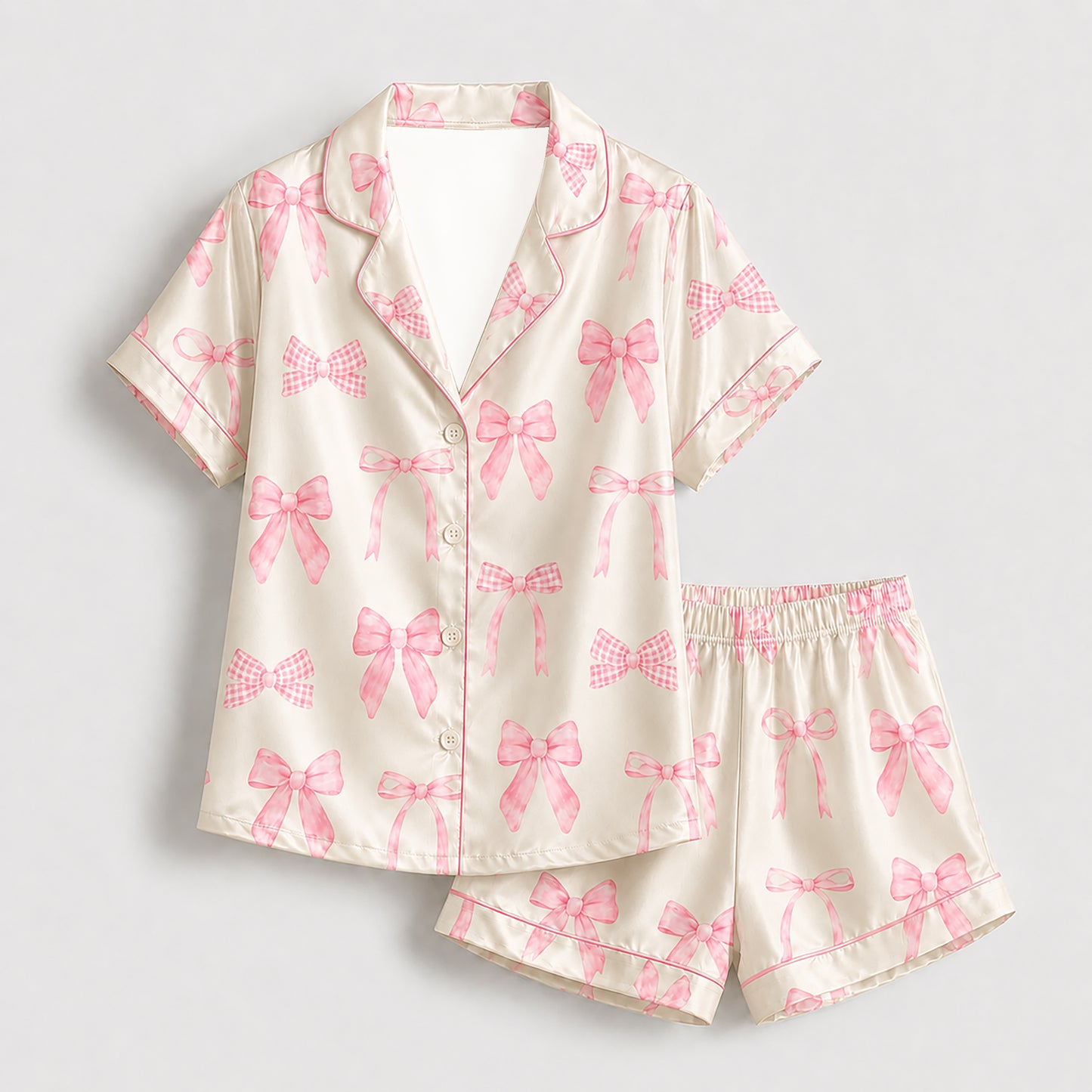 PJ-231- Satin Pajamas with Pink Bow Gingham Ribbon Print, Button Down Shirt, Elastic Waist Pants FREE SHIPING