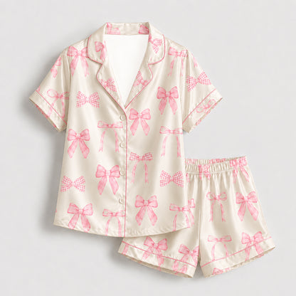 PJ-231- Satin Pajamas with Pink Bow Gingham Ribbon Print, Button Down Shirt, Elastic Waist Pants FREE SHIPING