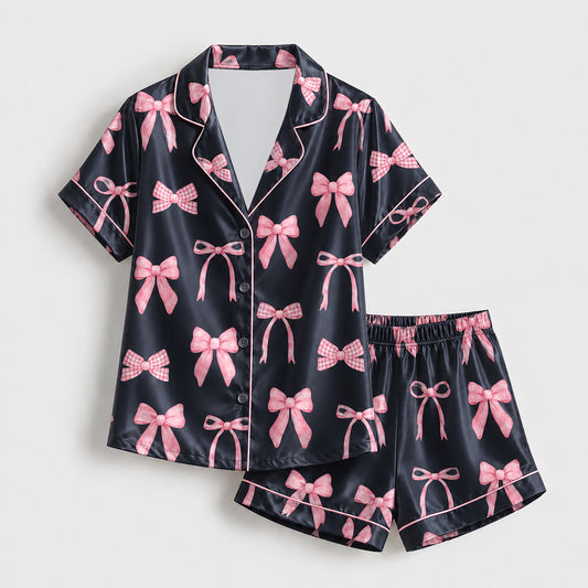 PJ-231- Satin Pajamas with Pink Bow Gingham Ribbon Print, Button Down Shirt, Elastic Waist Pants FREE SHIPPING