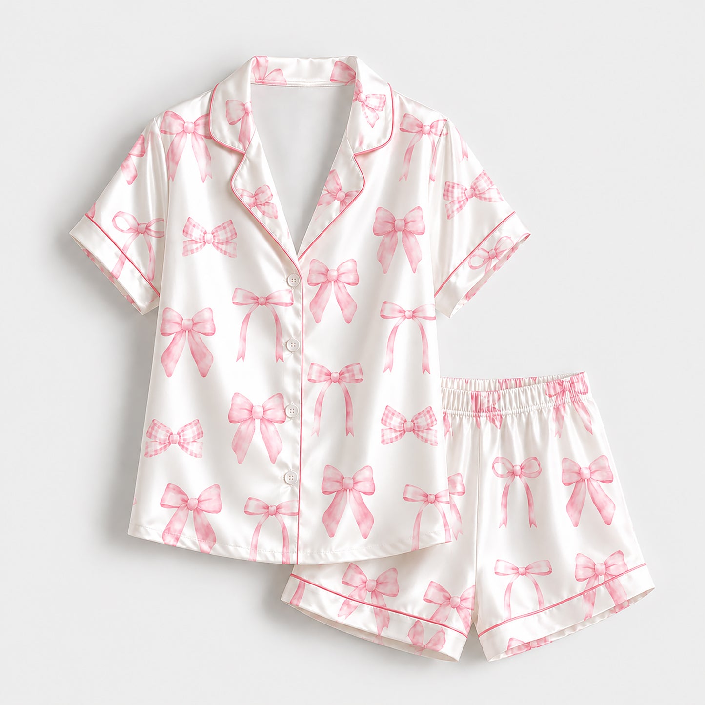 PJ-231- Satin Pajamas with Pink Bow Gingham Ribbon Print, Button Down Shirt, Elastic Waist Pants FREE SHIPING