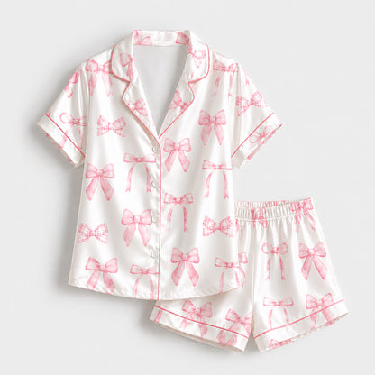 PJ-231- Satin Pajamas with Pink Bow Gingham Ribbon Print, Button Down Shirt, Elastic Waist Pants FREE SHIPING