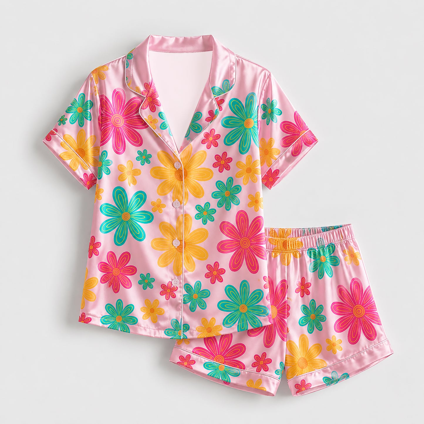 PJ-235- Women Pink Retro Floral Print Silk Satin Pajamas Groovy Flower Loungewear Sleepwear Nightwear Daisy Matching Clothing Set FREE SHIPING