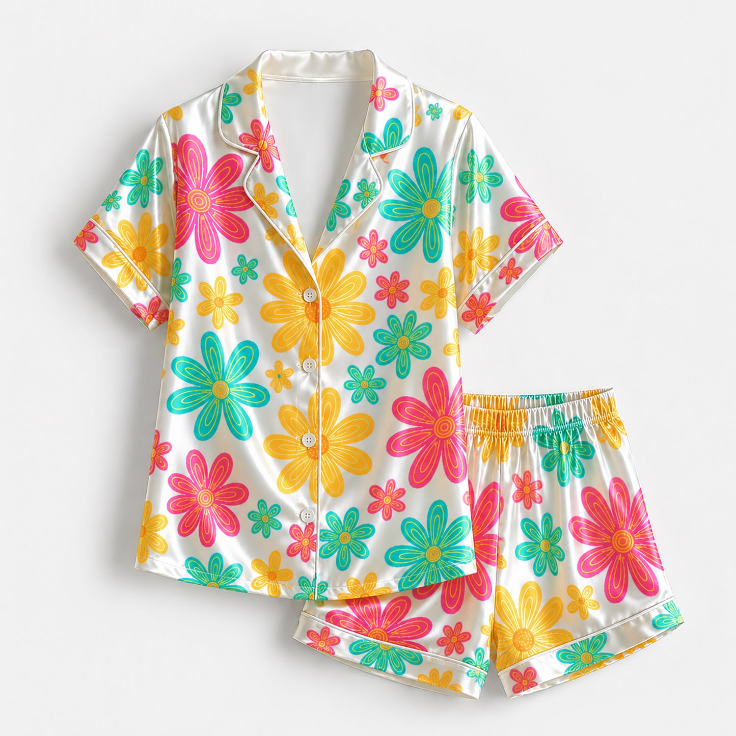 PJ-235- Women Pink Retro Floral Print Silk Satin Pajamas Groovy Flower Loungewear Sleepwear Nightwear Daisy Matching Clothing Set FREE SHIPING