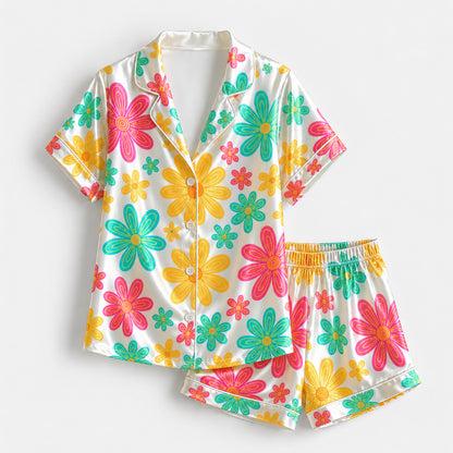 PJ-235- Women Pink Retro Floral Print Silk Satin Pajamas Groovy Flower Loungewear Sleepwear Nightwear Daisy Matching Clothing Set FREE SHIPING