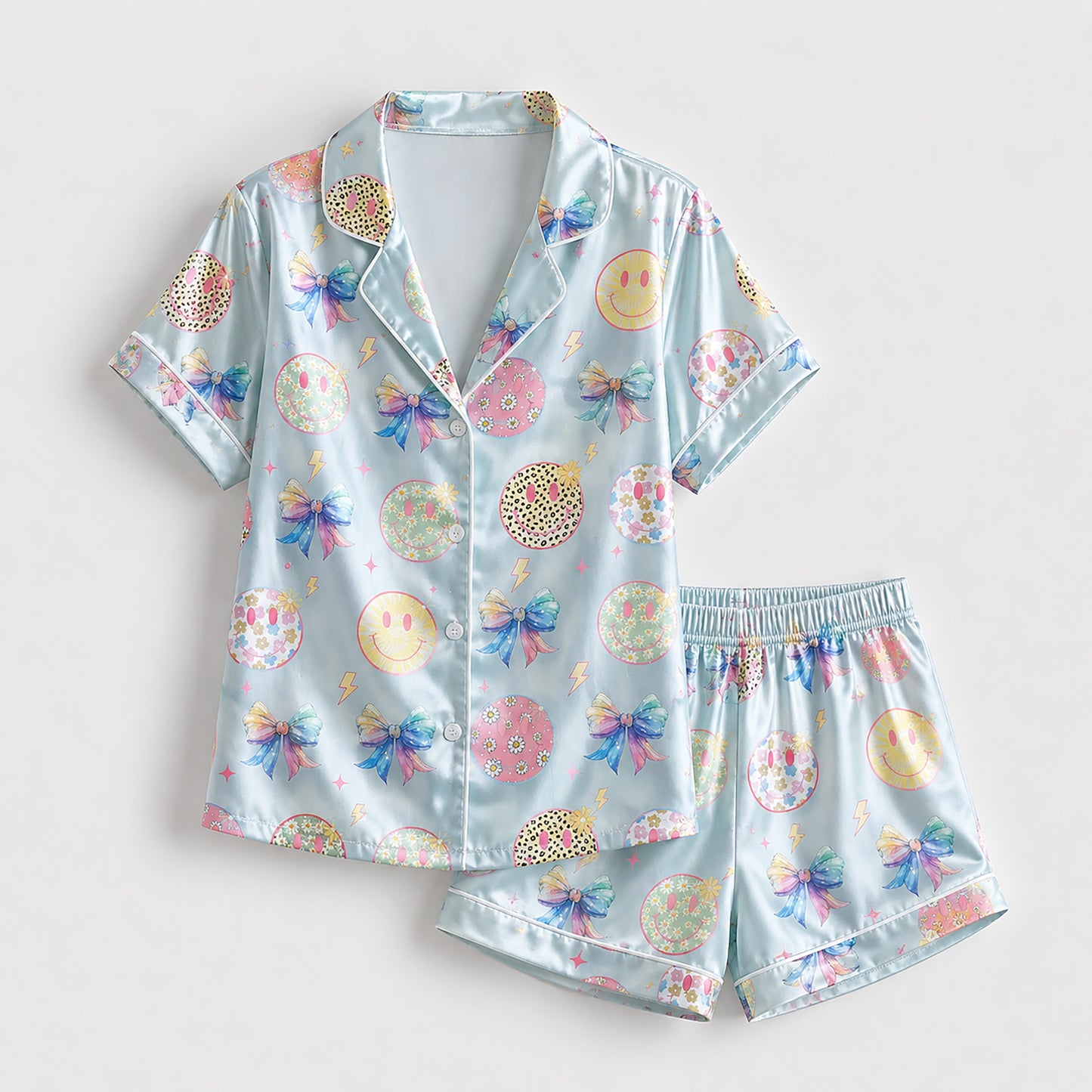 PJ-236- Satin Pajama Set with Pastel Smiley Bow Print Button Down Sleepwear Shirt and Pants FREE SHIPING