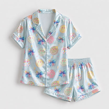 PJ-236- Satin Pajama Set with Pastel Smiley Bow Print Button Down Sleepwear Shirt and Pants FREE SHIPING