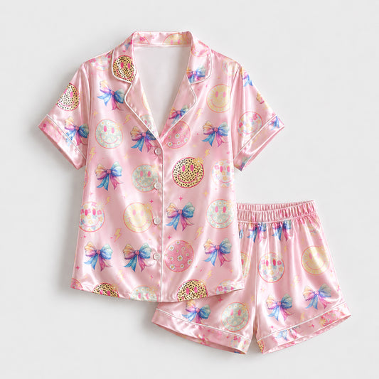 PJ-236- Satin Pajama Set with Pastel Smiley Bow Print Button Down Sleepwear Shirt and Pants FREE SHIPPING