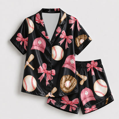 PJ-237- Sporty Baseball Satin Pajama Set With Button Up Top And Comfortable Matching Bottoms FREE SHIPING