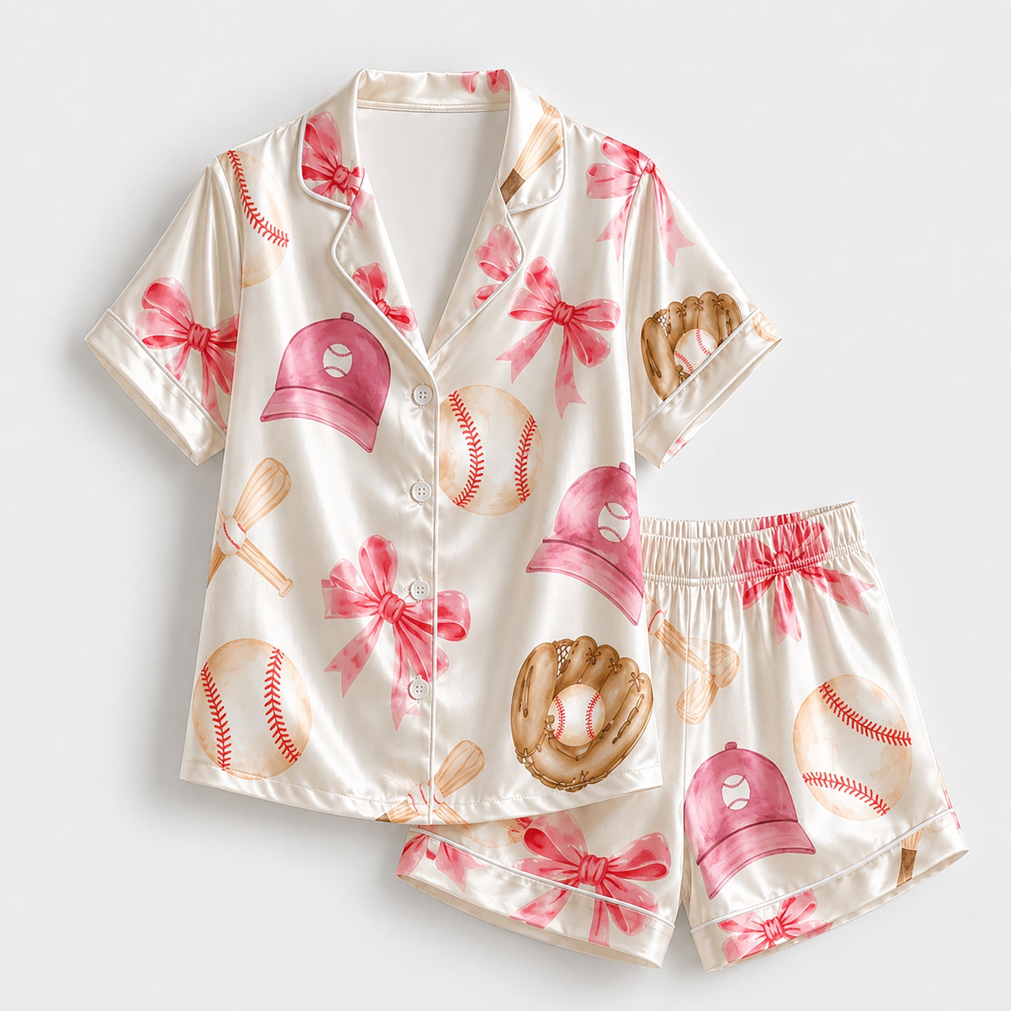 PJ-237- Sporty Baseball Satin Pajama Set With Button Up Top And Comfortable Matching Bottoms FREE SHIPING