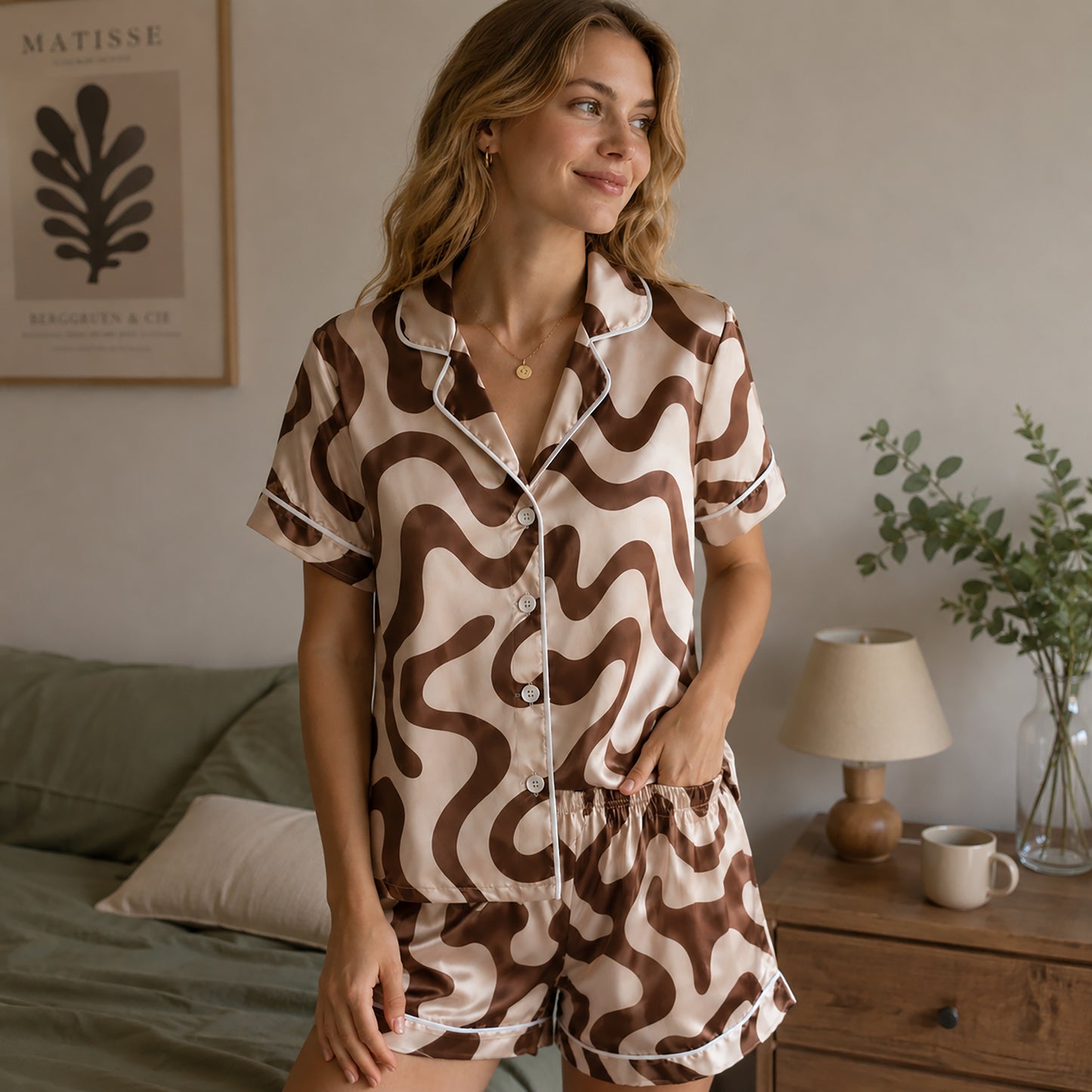 PJ-238-Groovy Wavy Line Print Satin Pajama Lounge Set FREE SHIPING