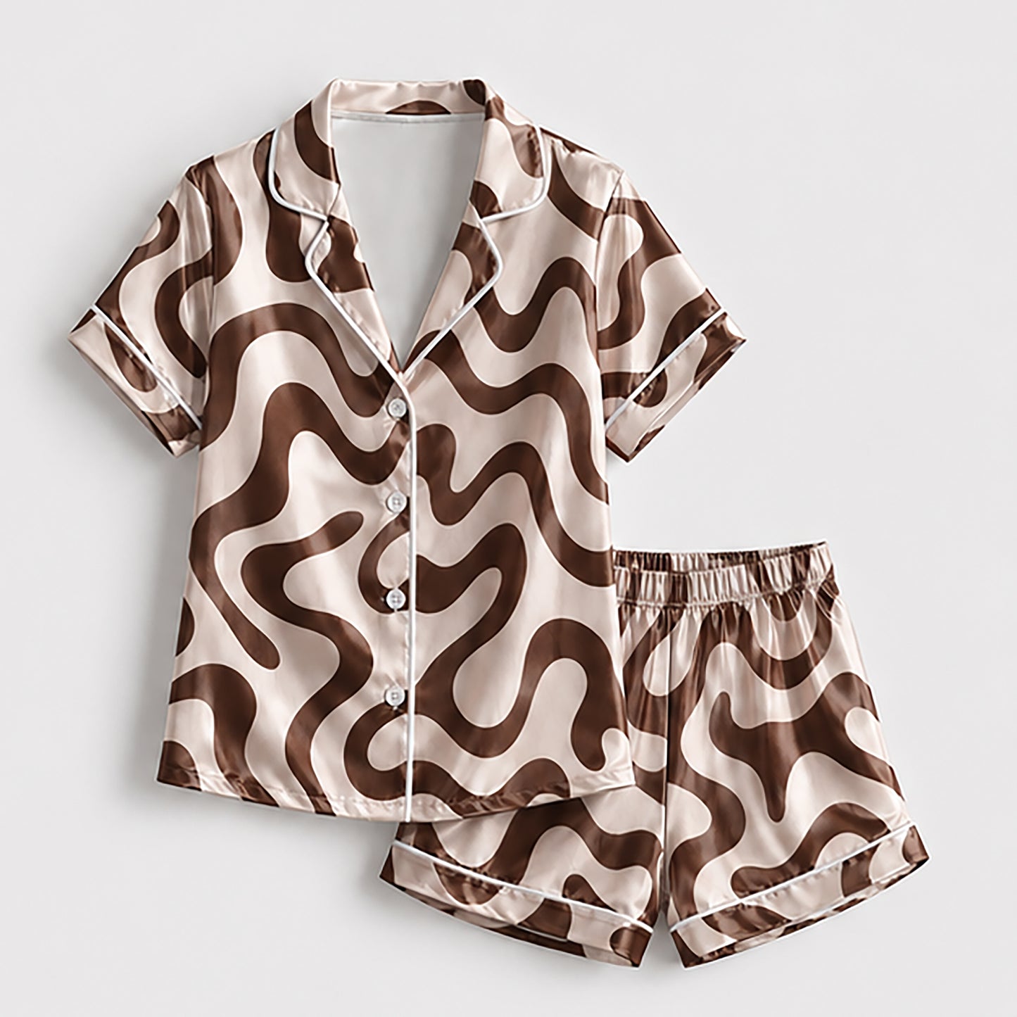 PJ-238-Groovy Wavy Line Print Satin Pajama Lounge Set FREE SHIPING
