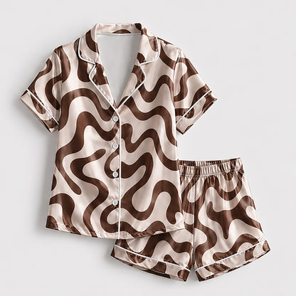 PJ-238-Groovy Wavy Line Print Satin Pajama Lounge Set FREE SHIPING