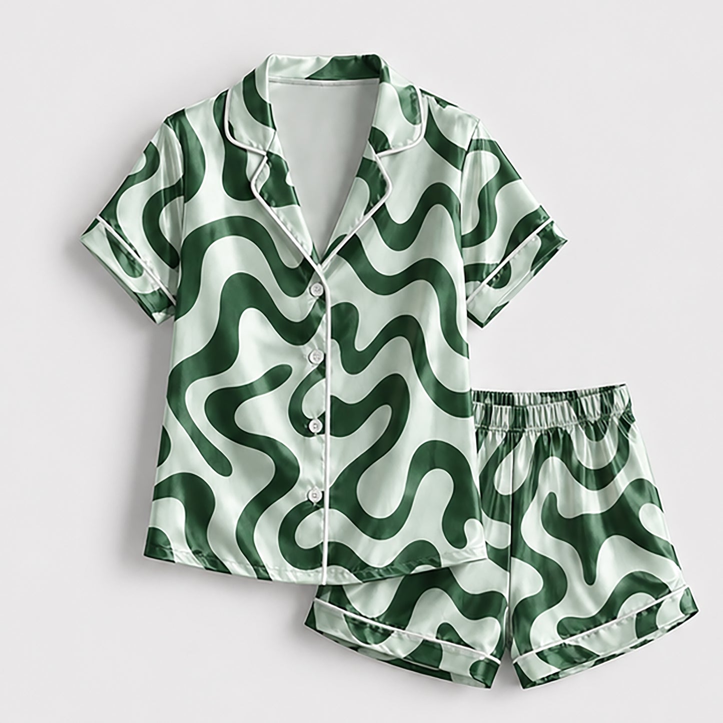 PJ-238-Groovy Wavy Line Print Satin Pajama Lounge Set FREE SHIPING