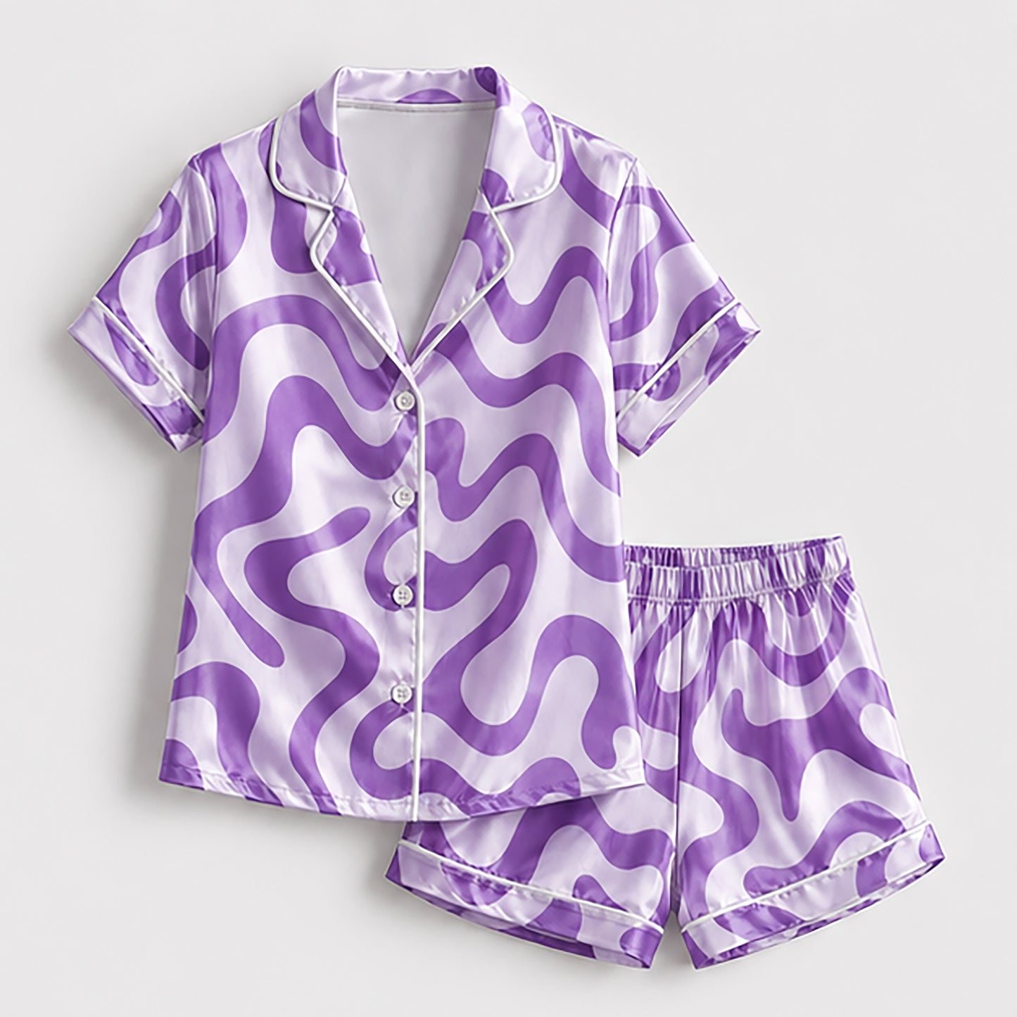 PJ-238-Groovy Wavy Line Print Satin Pajama Lounge Set FREE SHIPING