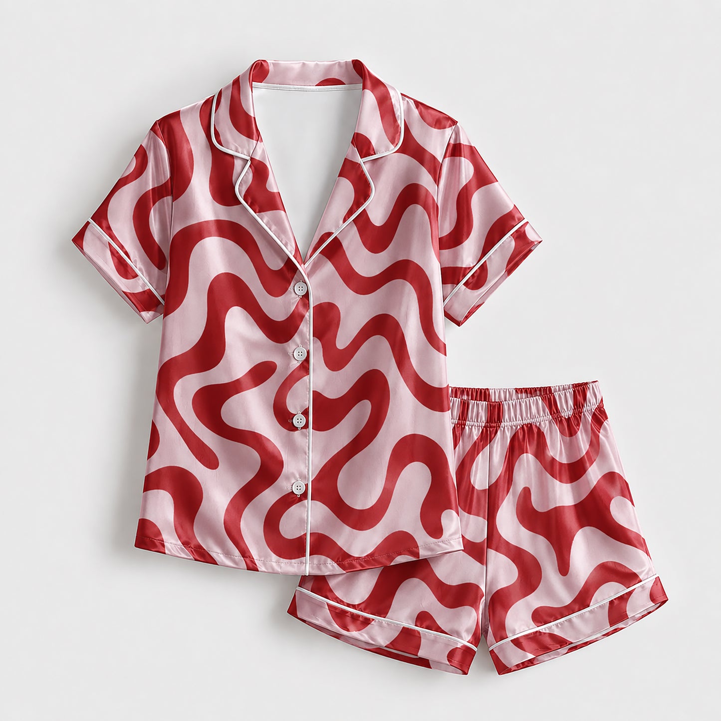 PJ-238-Groovy Wavy Line Print Satin Pajama Lounge Set FREE SHIPING