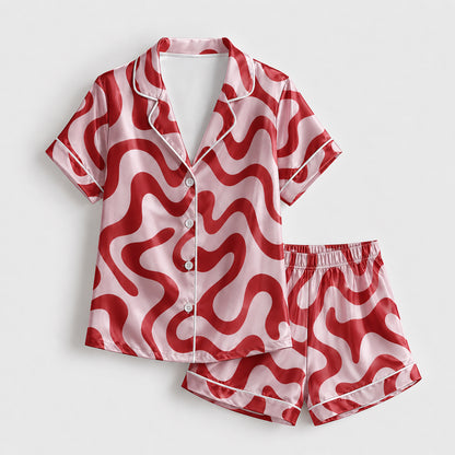 PJ-238-Groovy Wavy Line Print Satin Pajama Lounge Set FREE SHIPING