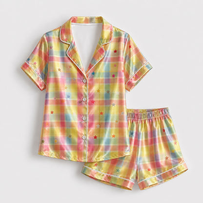 PJ-239-Rainbow Checkered Satin Sleepwear Star Pattern with Piping Details FREE SHIPING