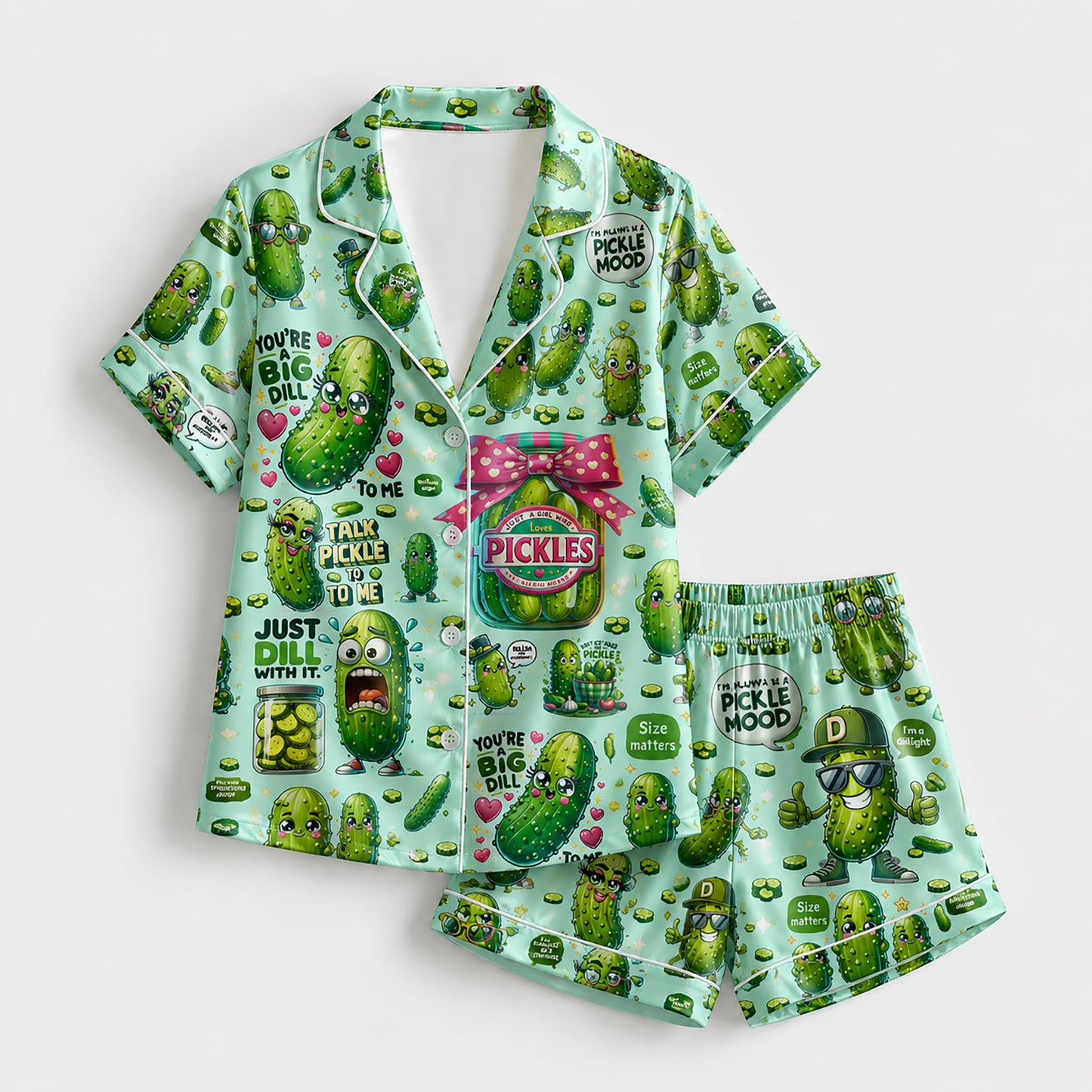 PJ-243-Funny Pickle Satin Pajama Set With Button Up Shirt And Elastic Waist Matching Bottoms FREE SHIPPING
