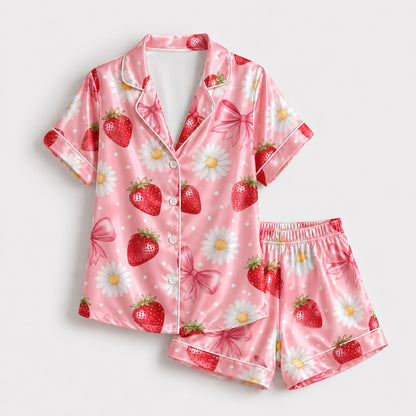 PJ-244-Pink Strawberry Daisy Satin Pajama Set With Bow Print Button Up Shirt And Matching Bottom FREE SHIPPING