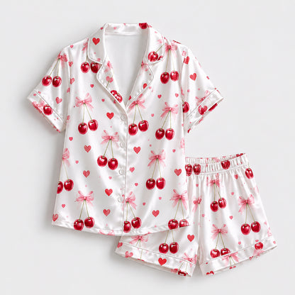PJ-245-Sweet Cherry Heart Satin Pajama Set With Button Up Shirt And Matching Sleepwear Bottoms FREE SHIPPING