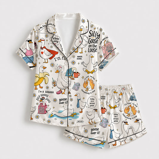 PJ-246-Funny Goose Satin Pajama Set With Button Up Shirt And Elastic Waist Matching Bottoms