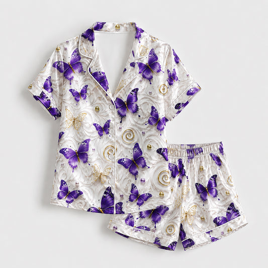 PJ-247-Purple Butterfly Satin Pajama Set, Marble Swirl Graphic Print Loungewear Nightwear Collection
