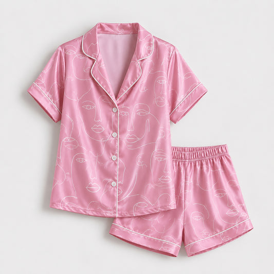 PJ-248-Pink Abstract Face Line Art Satin Pajama Set, Minimalist Loungewear Sleepwear Short Sleeve Outfit