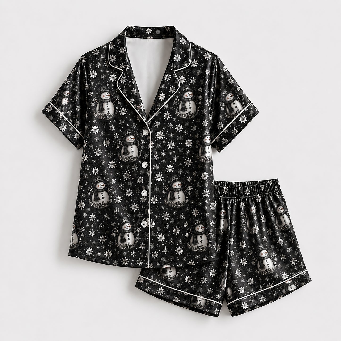 PJ-249-Black Snowman Snowflake Satin Pajama Set, Winter Holiday Graphic Loungewear Sleepwear Collection Outfit FREE SHIPPING