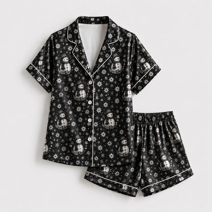 PJ-249-Black Snowman Snowflake Satin Pajama Set, Winter Holiday Graphic Loungewear Sleepwear Collection Outfit FREE SHIPPING
