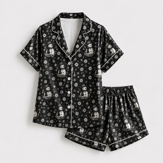 PJ-249-Black Snowman Snowflake Satin Pajama Set, Winter Holiday Graphic Loungewear Sleepwear Collection Outfit