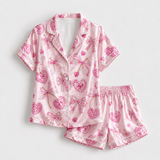 PJ-250-Pink Jeweled Heart Satin Pajama Set, Coquette Ribbon Bow Graphic Loungewear Sleepwear Collection Outfit