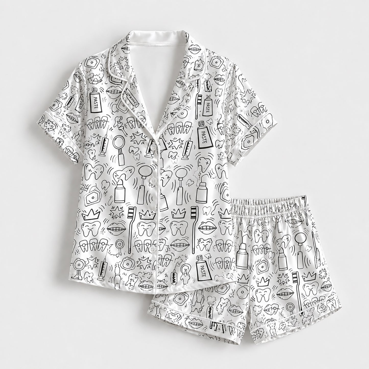 PJ-251-White Dental Tooth Satin Pajama Set, Black Line Graphic Loungewear Sleepwear Collection Outfit FREE SHIPPING