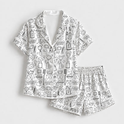 PJ-251-White Dental Tooth Satin Pajama Set, Black Line Graphic Loungewear Sleepwear Collection Outfit FREE SHIPPING
