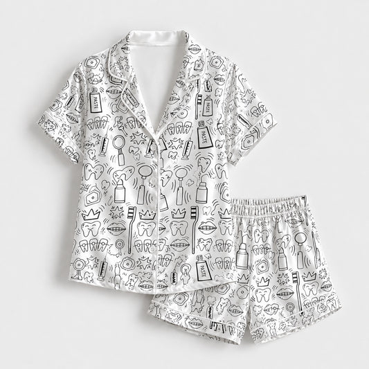 PJ-251-White Dental Tooth Satin Pajama Set, Black Line Graphic Loungewear Sleepwear Collection Outfit
