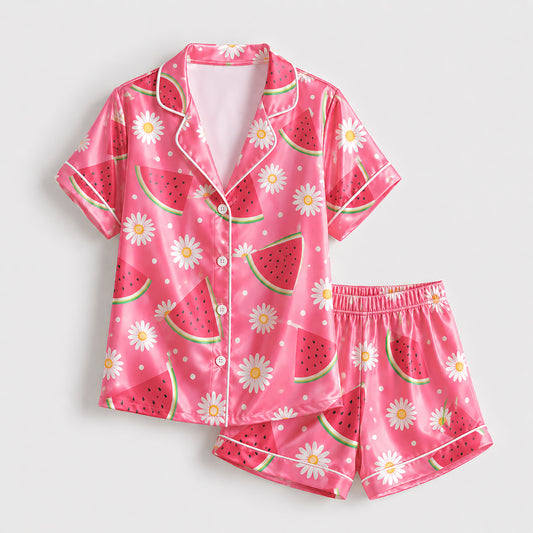 PJ-252-Repeating Melon Printed Satin Pajama Set, Whimsical Rose Pastel Unisex Sleepwear Lounge Coordinates Suit