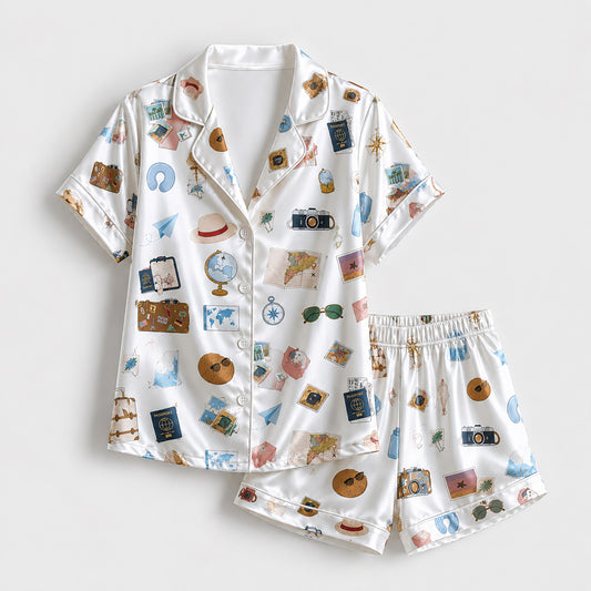 PJ-253-White Travel Suitcase Satin Pajama Set, Passport Camera Graphic Loungewear Sleepwear Collection Outfit